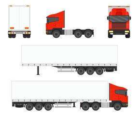 Big commercial semi truck with trailer set. View from side, front, back. Vector illustration.