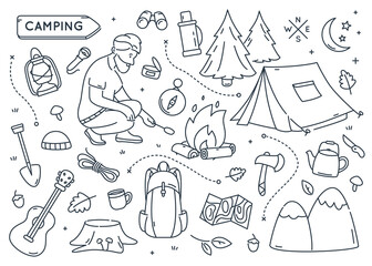 Camping elements doodle set.