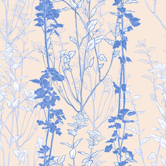 ..Delicate seamless pattern with flowering branches. Vintage vector illustration with engraved elements.