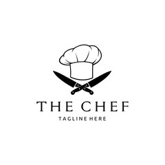 Chef in a Cooking Hat with Crossed Knife Vector Outline Logo, Kitchen Simple Black Icon