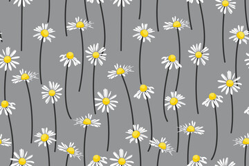 ..Hand-drawn daisy flowers on a gray background. Vector seamless pattern. Trendy floral background.