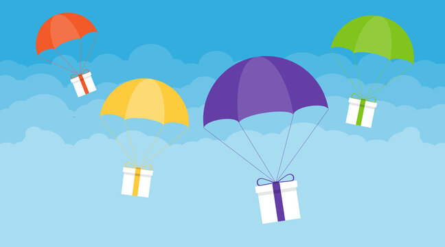 Delivery of gifts. Gifts descend on umbrellas against the sky with clouds. Vector illustration.