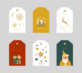 Vector simple flat design Christmas greetings elements. Christmas tags set with typography and colorful icon, gift box, Santa, reindeer, snowflakes and stars. Gold texture. 