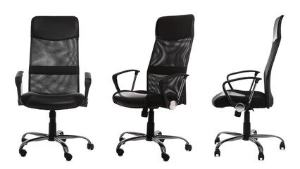 Set with black office chairs with leather seats on white background