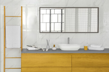 Color of the year 2021. Large mirror over vessel sink in stylish bathroom interior