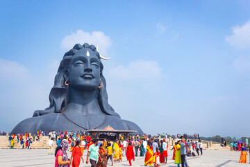 COIMBATORE , INDIA - DECEMBER 26, 2020: Adiyogi Shiva Statue - People Are Visiting And Praying Lord...
