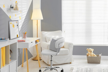 Color of the year 2021. Modern child room interior with stylish furniture