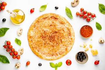 Tasty cheese pizza and cooking ingredients tomatoes and basil on white background. Top view