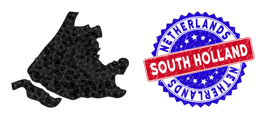 South Holland map polygonal mesh with filled triangles, and unclean bicolor seal. Triangle mosaic South Holland map with mesh vector model, triangles have randomized sizes, and positions,