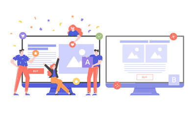 Two monitors with a landing page web design on displays. Split testing, AB testing and results. Users rejoice near the winner. Vector flat illustration.