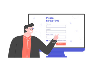 Male character on the background of a computer display with a registration form. Web design. Vector flat illustration.