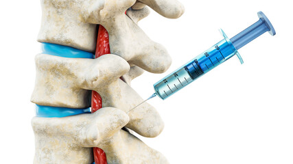 Facet joint injection, therapy against backbone injury or pain. Close-up of vertebrae with a syringe isolated on a white background 3D rendering illustration.  - obrazy, fototapety, plakaty