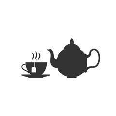 The teapot and cup icon silhouette. Boiling kettle and cup of hot tea isolated on white background. Vector stock