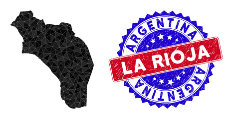 La Rioja of Argentina map polygonal mesh with filled triangles, and grunge bicolor watermark. Triangle mosaic La Rioja of Argentina map with mesh vector model, triangles have various sizes,