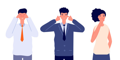 Fototapeta premium Three wise characters. Ignore or avoid, business people see no evil hear no evil and speak no evil. Emotional person utter vector characters. Metaphor people three, moral proverb wise illustration