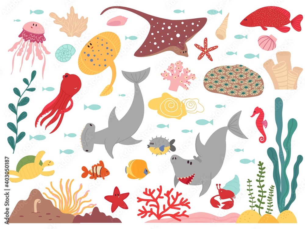 Wall mural cartoon marine life. sea world animal, underwater fish plants objects. ocean wild fauna shark, flat  - Wall murals