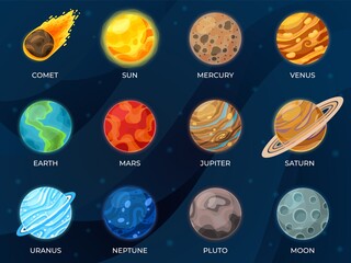 Solar system planets. Astronomy science, galaxy sun circle. Cartoon moon earth venus asteroid, cosmos or universe recent vector collection. Illustration space cosmic system, satellite and globe sphere © MicroOne