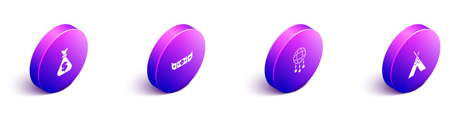 Set Isometric Money bag, Kayak or canoe and paddle, Dream catcher with feathers and Indian teepee wigwam icon. Vector. © Vadim