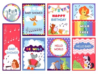 Baby shower animal cards. Cute greetings, kids safari jungle lion flyers. Bright happy birthday invitation banner vector collection. Illustration childish birthday and lovely animal baby shower