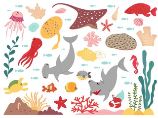 Cartoon marine life. Sea world animal, underwater fish plants objects. Ocean wild fauna shark, flat aquarium decent vector characters. Illustration underwater marine aquarium with seaweed and wildlife