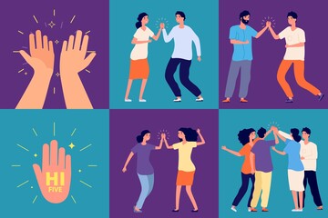 High five friends. Happy people greetings, smile woman man clap hands together. Applause or clapping, joyful teenagers vector characters. Illustration success friendship, greeting teamwork