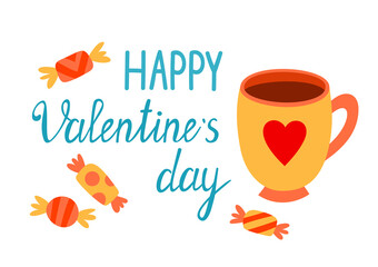 Sticker with candies, tea cup and greeting with Valentines day.