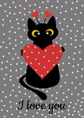 Black cat and red heart with polka dots on a gray background. Greeting card for Valentine's Day, declaration of love. Pattern for fashionable prints on cups, textiles, clothes, notebooks.
