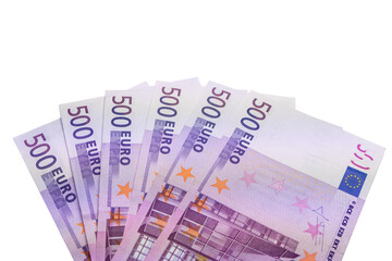 500 Euro bills arranged in a fan from above on white background