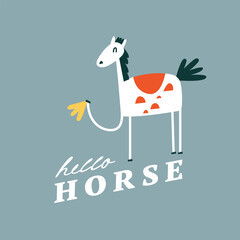 Vector flat illustartion card with white horse. Funny characters for kids. Cartoon style.