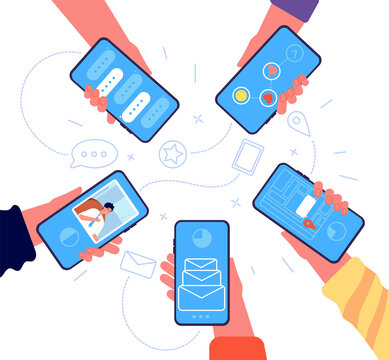 People group with phone. Hands holding smartphones, online team communication. Girl sharing information, screen touch utter vector concept. Illustration communication and networking, sharing online