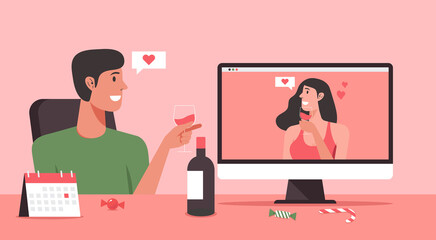 online dating concept, man character video calling to his girlfriend via on computer and staying at home with long distance relationship and virtual love, vector flat illustration