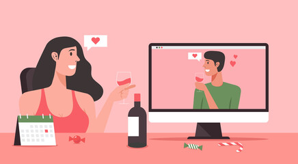 online dating concept, woman character video calling to her boyfriend via on computer and staying at home with long distance relationship and virtual love, vector flat illustration