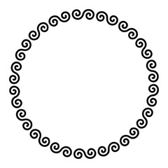 Celtic double spirals forming a circle shaped frame. Decorative border, made of alternate flipped double spirals, rotating around a midpoint, shaping a repeated motif. Illustration over white. Vector.