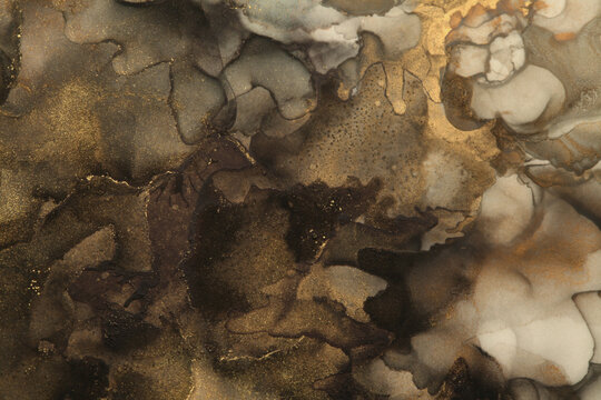 Abstract brown and gold glitter color horizontal background. Marble texture. Alcohol ink colors.