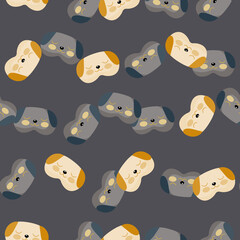 Dog mask yellow and gray color chaotic seamless pattern on dark gray background. Children graphic design element for different purposes.