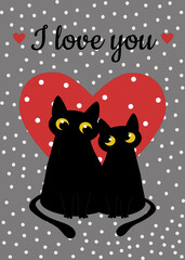 Black cat and red heart with polka dots on a gray background. Greeting card for Valentine's Day, declaration of love. Pattern for fashionable prints on cups, textiles, clothes, notebooks.
