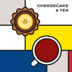 Mini banana chocolate cheesecake with tea cup. Modern style art with rectangular color blocks. Piet Mondrian style pattern.