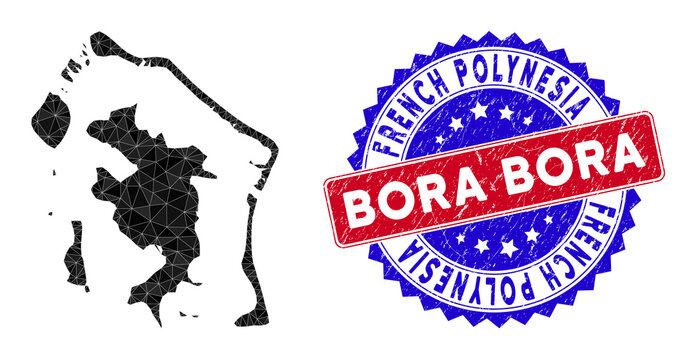 Bora-Bora map polygonal mesh with filled triangles, and rubber bicolor rubber seal. Triangle mosaic Bora-Bora map with mesh vector model, triangles have various sizes, and positions, and color tones.