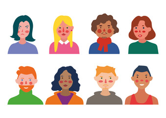 Bright people portraits set - hand drawn flat style vector design concept illustration of young men and women, male and female faces and shoulders avatars. Flat style vector icons set