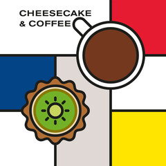 Mini kiwi cheesecake with coffee cup. Modern style art with rectangular color blocks. Piet Mondrian style pattern.