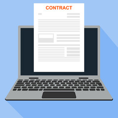 Online contract. Contract document on laptop background. Vector, cartoon illustration. Vector.