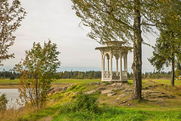 Fototapeta na wymiar Arbor of kisses at Vakkosalmi park in Sortavala (Serdobol). Republic of Karelia. Russia
