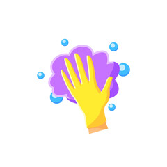 Foaming flat icon. Soaping, wiping. Housekeeper hand in glove, whipping foam pictogram. Wet cleaning. Housekeeping and surface disinfection concept. Color vector illustration