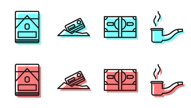 Set line Stacks paper money cash, Cigarettes pack box, Cocaine and credit card and Smoking pipe icon. Vector.