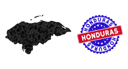 Honduras map polygonal mesh with filled triangles, and rough bicolor rubber seal. Triangle mosaic Honduras map with mesh vector model, triangles have variable sizes, and positions, and color shades.