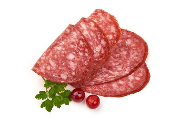 Smoked salami slices, isolated on white background