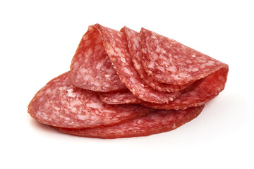 Smoked salami slices, isolated on white background