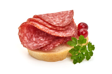 Smoked salami slices, isolated on white background