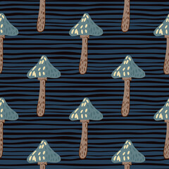 Dark seamless pattern with blue and brown mushroom ornament. Striped background.
