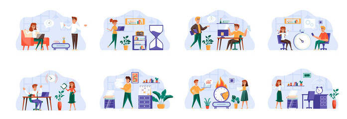 Deadline scenes bundle with people characters. Tired employees hurrying up on project deadline, stressful situation and overtime work. Time management and work effectivity flat vector illustration.